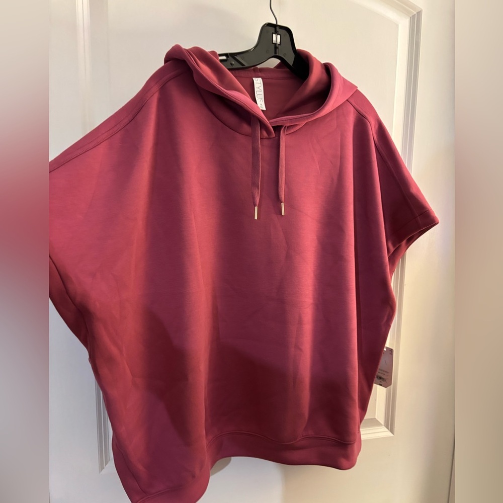 Stylus Hooded Short-Sleeve Funnel Neck Sweatshirt - Berry Sz XL NWT